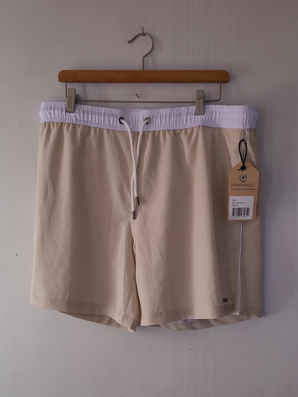 Harmenqlo Men's Beige Swim Trunks with White Waistband